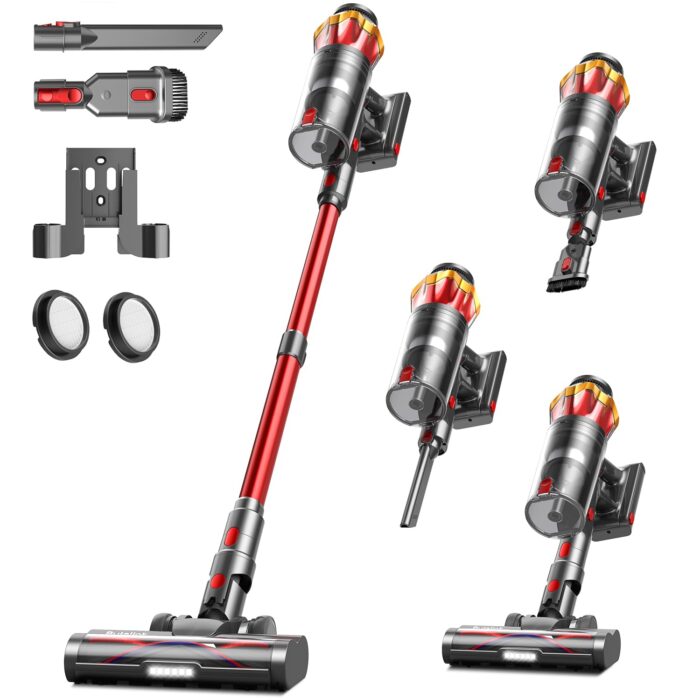 Akku Staubsauger 45000Pa/550W/65Min, 1,6L Staubsauger Kabellos mit Display, Anti-Tangle-Bürste, Selbststehend, Wandladestation, 8-Schicht-Filtration, Ultraleise, für Tierhaare/Teppiche/Hartböden/Auto
