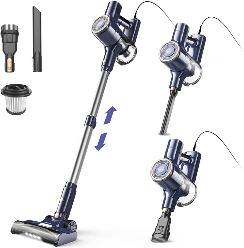 Staubsauger, 6-in-1 Stielstaubsauger & Handstaubsauger mit 6M Kabel, 23Kpa stark Saugkraft, 600W Motor, freistehender Staubsauger Beutellos Vacuum Cleaner für Harte Böden Teppich, klein leicht leiser
