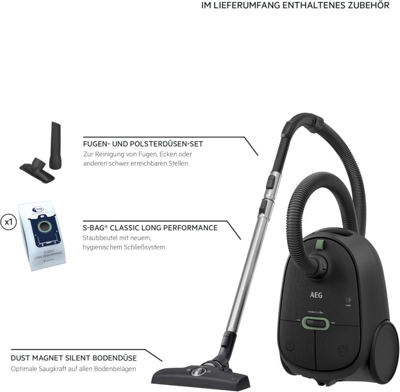 AEG CLEAN 6000 ÖKO Staubsauger mit Beutel, Hohe Saugleistung, Zusatzdüsen, XL-Räder, Edelstahl-Teleskoprohr, aus 65% Recyclingmaterial, 12 m Kabel, 850 Watt, Zubehör, Grau, AB61C1OKO
