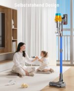 Akku Staubsauger, 50KPA/600W/70Mins Staubsauger Kabellos mit Selbststehend, 1,8L Großer Staubbecher, Anti-Tangle-Bürste, 8-stufiges Filtersystem Grünes Licht für Hartböden Teppiche Tierhaare