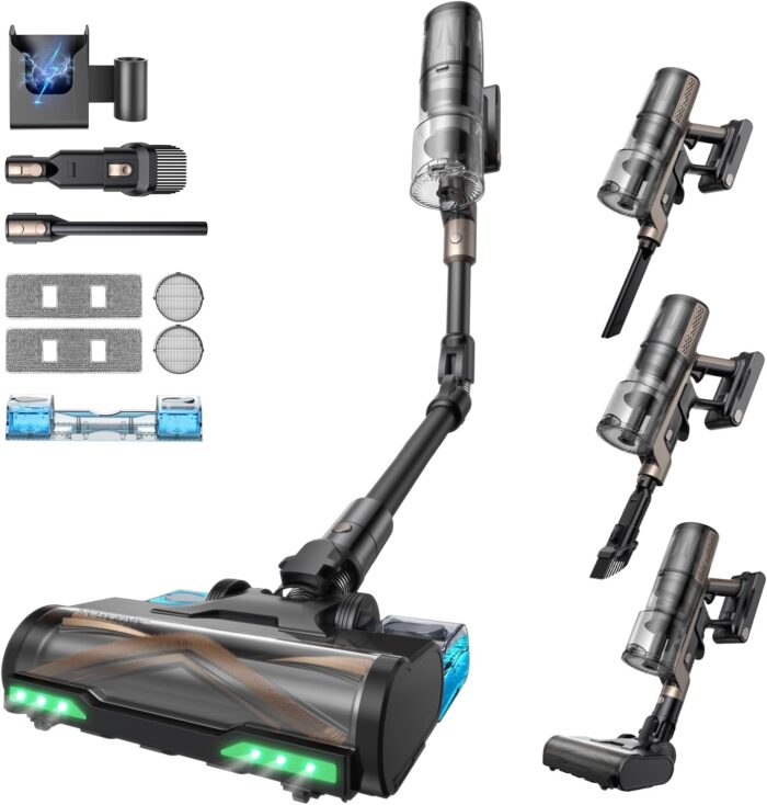 Proscenic P20 Akku Staubsauger mit Wischfunktion, 70KPa 70 Mins 680W Staubsauger Kabellos mit Selbststehend Wandladestation Anti-Tangle 6 Schichten Filter 1,5L, für Teppiche Haustierhaare,Aurum Black