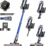 Akku Staubsauger 45000Pa/550W/65Min, 1,6L Staubsauger Kabellos mit Display, Anti-Tangle-Bürste, Selbststehend, Wandladestation, 8-Schicht-Filtration, Ultraleise, für Tierhaare/Teppiche/Hartböden/Auto