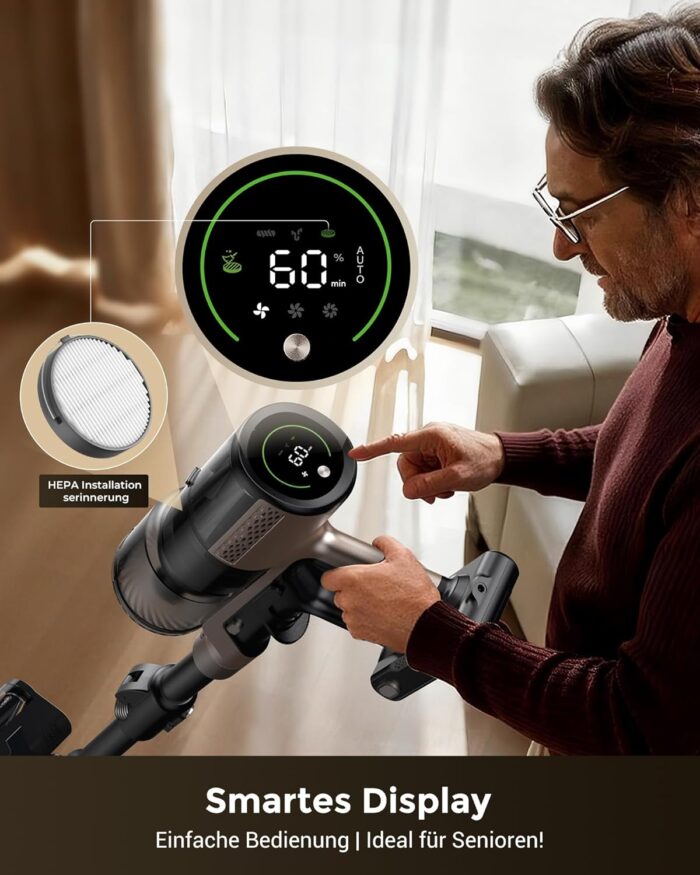 Proscenic P20 Akku Staubsauger mit Wischfunktion, 70KPa 70 Mins 680W Staubsauger Kabellos mit Selbststehend Wandladestation Anti-Tangle 6 Schichten Filter 1,5L, für Teppiche Haustierhaare,Aurum Black