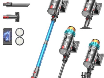 ElecKeys Akku Staubsauger 50000Pa/580W/70Min, Staubsauger Kabellos mit LED Display, 1,8L Akkustaubsauger mit Anti-Tangle-Bürste, Selbststehend für Tierhaare Teppiche Hartböden Auto, Blau, K10