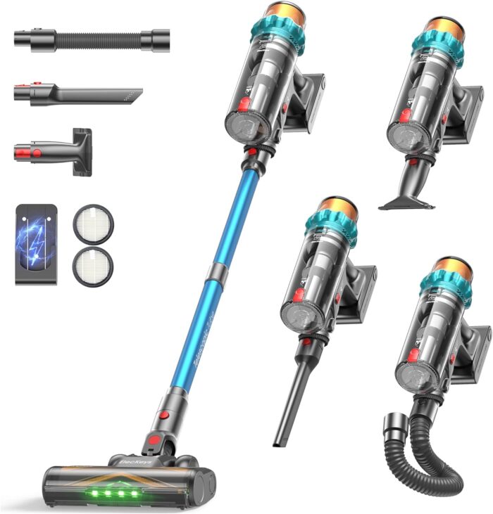 ElecKeys Akku Staubsauger 50000Pa/580W/70Min, Staubsauger Kabellos mit LED Display, 1,8L Akkustaubsauger mit Anti-Tangle-Bürste, Selbststehend für Tierhaare Teppiche Hartböden Auto, Blau, K10