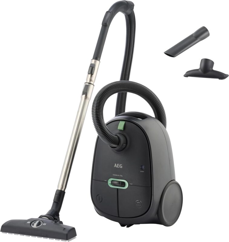 AEG CLEAN 6000 ÖKO Staubsauger mit Beutel, Hohe Saugleistung, Zusatzdüsen, XL-Räder, Edelstahl-Teleskoprohr, aus 65% Recyclingmaterial, 12 m Kabel, 850 Watt, Zubehör, Grau, AB61C1OKO
