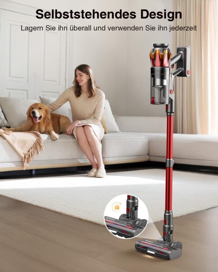 Akku Staubsauger 45000Pa/550W/65Min, 1,6L Staubsauger Kabellos mit Display, Anti-Tangle-Bürste, Selbststehend, Wandladestation, 8-Schicht-Filtration, Ultraleise, für Tierhaare/Teppiche/Hartböden/Auto