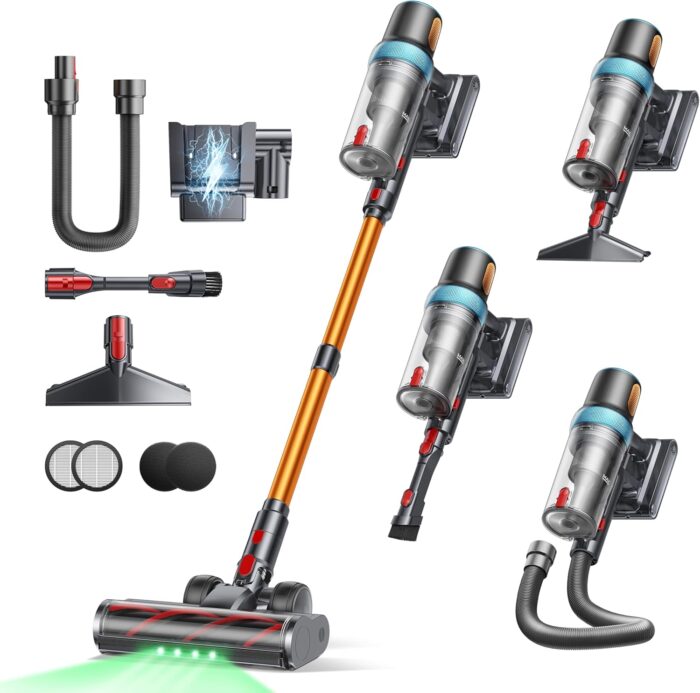 Akku Staubsauger 50KPA/600W/65Min,Selbststehender Staubsauger Kabellos mit 1M Ausziehbarer Schlauch,Wandladestation,Automatikmodus,Anti-Tangle-Bürste,Mehrstufige Filtration für Teppiche/Hartböden/Auto