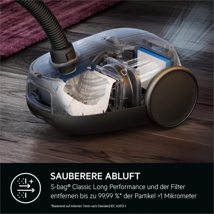 AEG CLEAN 6000 ÖKO Staubsauger mit Beutel, Hohe Saugleistung, Zusatzdüsen, XL-Räder, Edelstahl-Teleskoprohr, aus 65% Recyclingmaterial, 12 m Kabel, 850 Watt, Zubehör, Grau, AB61C1OKO