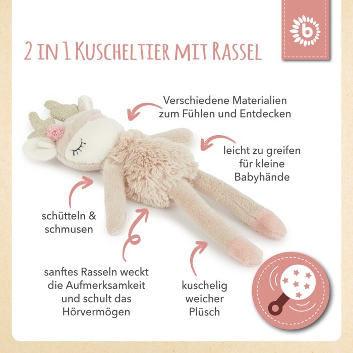 Bieco Kuscheltier Reh Ella mit Rassel | Baby Kuscheltier ab 0 Monate Stofftier Baby Plüschtier Reh rentier – Bild 6