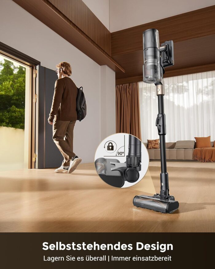 Proscenic P20 Akku Staubsauger mit Wischfunktion, 70KPa 70 Mins 680W Staubsauger Kabellos mit Selbststehend Wandladestation Anti-Tangle 6 Schichten Filter 1,5L, für Teppiche Haustierhaare,Aurum Black