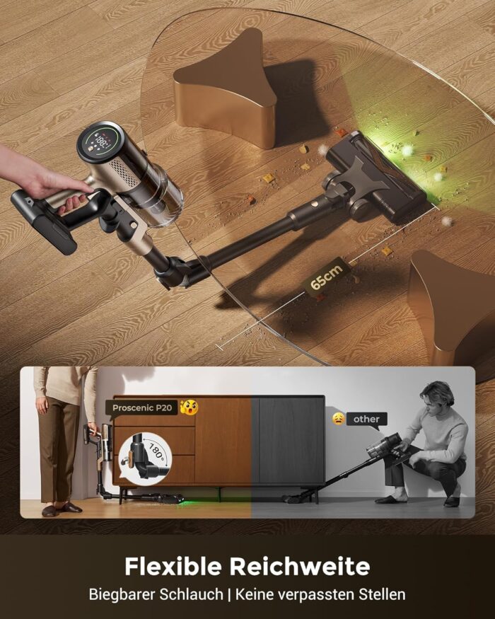Proscenic P20 Akku Staubsauger mit Wischfunktion, 70KPa 70 Mins 680W Staubsauger Kabellos mit Selbststehend Wandladestation Anti-Tangle 6 Schichten Filter 1,5L, für Teppiche Haustierhaare,Aurum Black