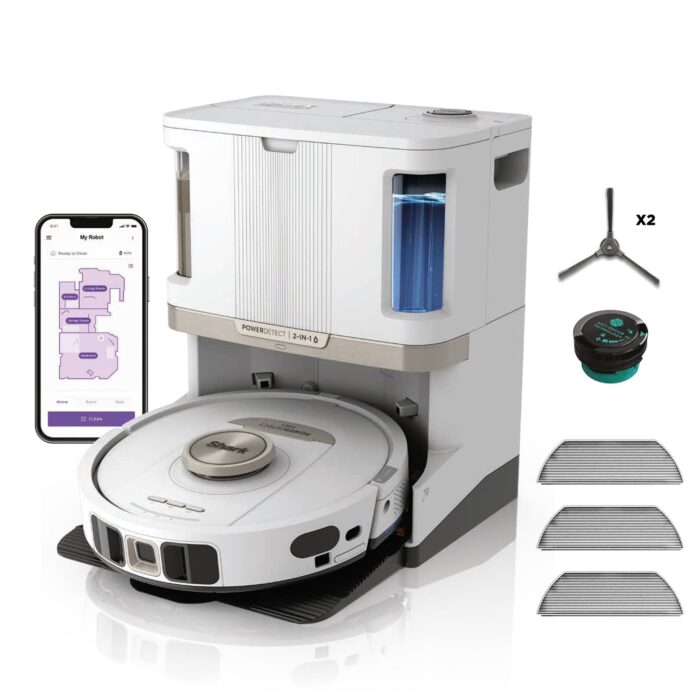 Shark PowerDetect Robot Vacuum and Mop with 60-Day Self-emptying and Cleaning Base - 3D LiDAR Navigation - Wi-Fi / App - 3 Anti-microb Pads, 1 Odour Cartridge and 2 Brushes Incl. - White