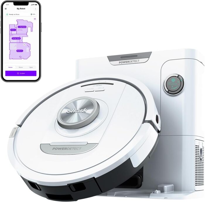 Shark PowerDetect Robot Vacuum with 60-Day Self-emptying Base - For Carpets, Hard Floors and Pet Hair - 3D LiDAR Navigation - Wi-Fi / App - Odour Cartridge and 2 Brushes Incl. - White