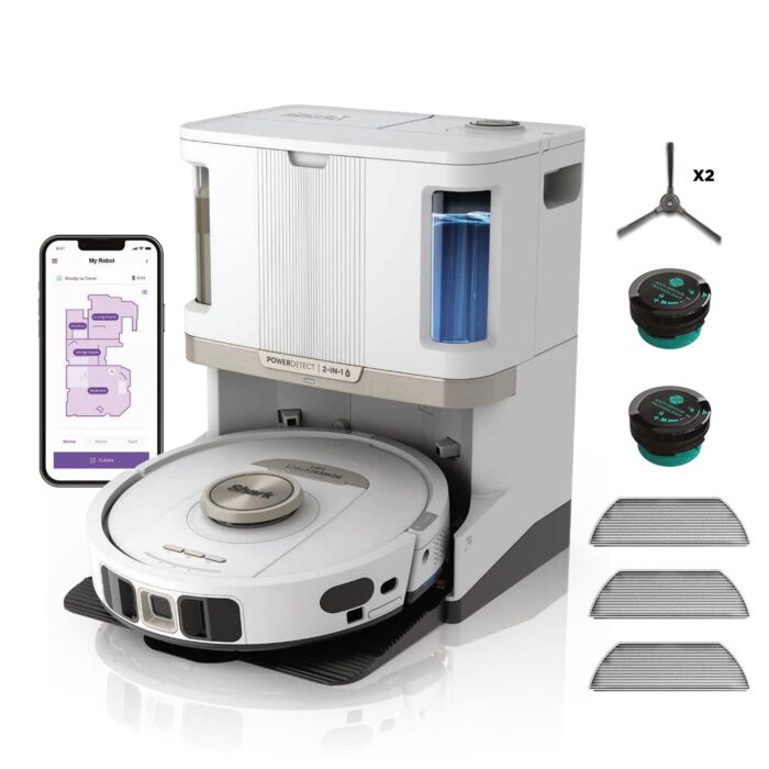 Shark PowerDetect Robot Vacuum and Mop with 60-Day Self-emptying and Cleaning Base - 3D LiDAR Navigation - Wi-Fi / App - 3 Anti-microb Pads, 1 Odour Cartridge and 2 Brushes Incl. - White
