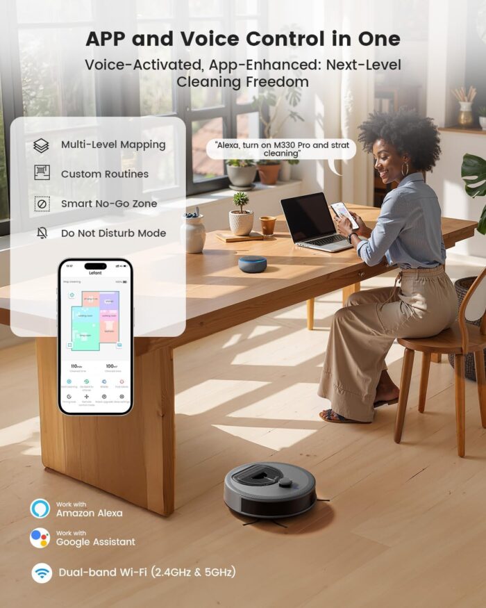 Lefant M330 Pro Robot Vacuum with Mop, 5000Pa, dToF Laser Navigation, 190° Obstacle Detection, Wi-Fi/Alexa Control, 150 Min Runtime, for Pet Hair, Light Grey