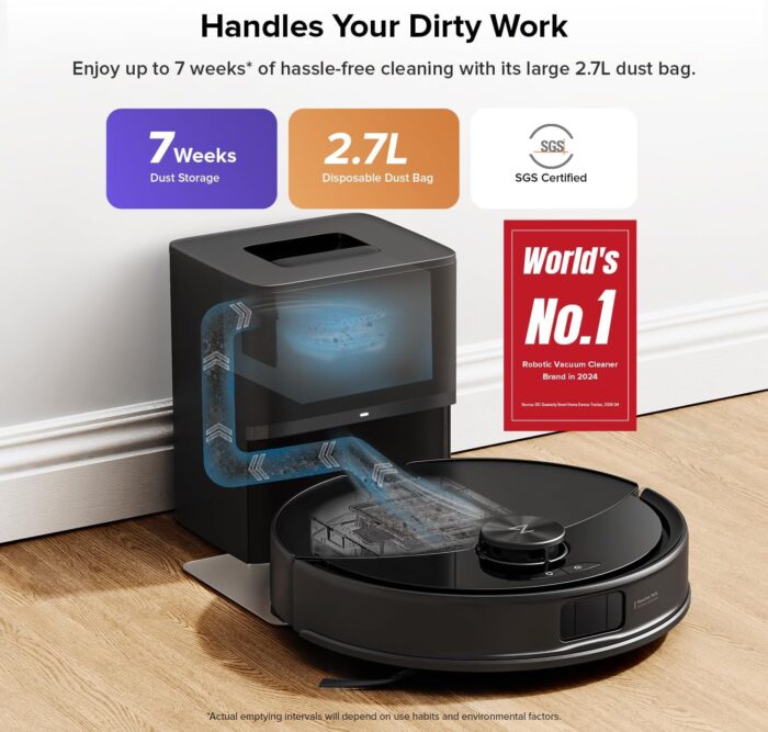 roborock Q10 S5+ Robot Vacuum, Self-Emptying, 10000Pa Suction, Up to 7 Weeks of Hands Free Cleaning, Dual Anti-Tangle Design, VibraRise 2.0&Auto Lifting Mopping System, Obstacle Avoidance (Black)
