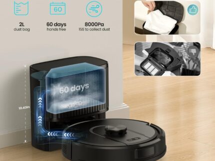Vexilar Self-Emptying Robot Vacuum Cleaner with Mop, Laser Navigation, Up to 60 Days of Hands-Free Cleaning, 180 Mins Runtime, Strong 8000Pa Suction Robot Vacuum to Clean Floors, Carpets, and Pet Hair