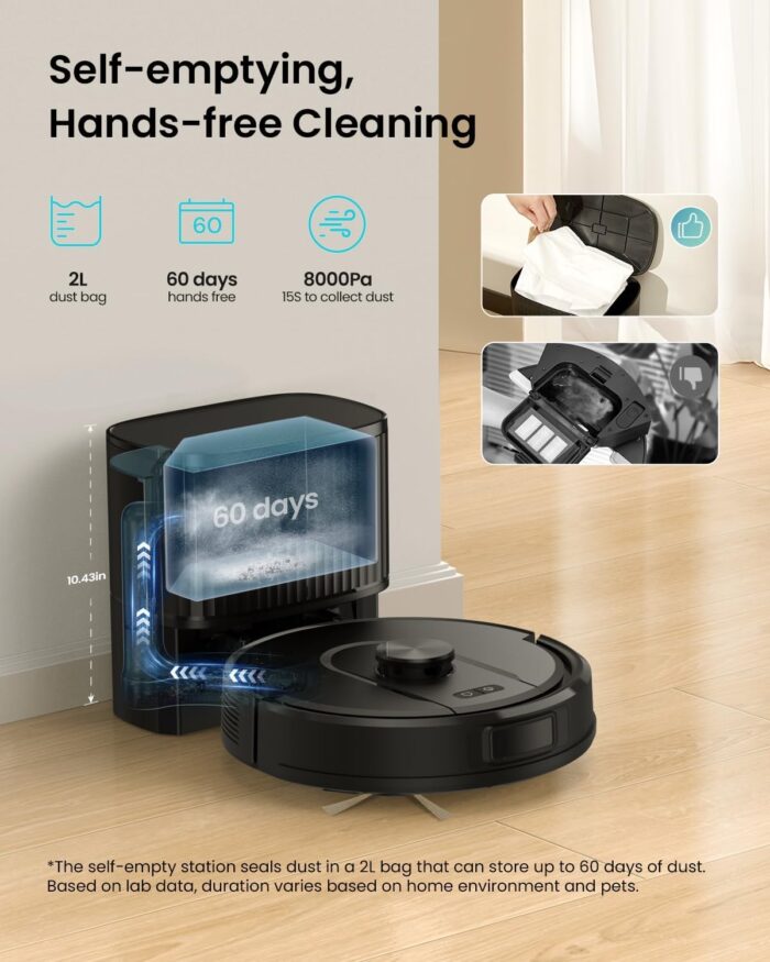 Vexilar Self-Emptying Robot Vacuum Cleaner with Mop, Laser Navigation, Up to 60 Days of Hands-Free Cleaning, 180 Mins Runtime, Strong 8000Pa Suction Robot Vacuum to Clean Floors, Carpets, and Pet Hair