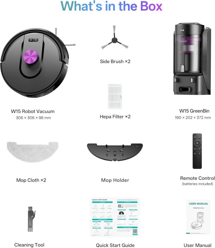 Vexilar W15 Robot Vacuum and Mop with Multi-Cyclone Bagless Self Emptying Docking Station, 10000Pa Suction, LiDAR Navigation, 5 Maps, 180Min Runtime, Robotic Vacuum for Pet Hair, Carpet and Hard Floor