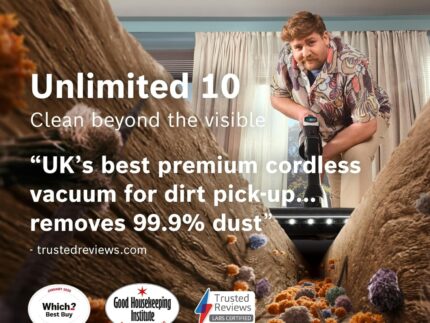 Bosch Unlimited 10 BCS1051GB Cordless Vacuum Cleaner with 100-Minute Runtime, Innovative MicroClean Technology, Including Sensor and TFT Display, Black
