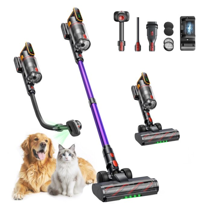 Cordless Vacuum Cleaner 50KPA/600W/65 Mins Cordless Stick Vacuum with Touch Screen, Anti-tangle&AUTO Mode,Wall Charging Powerful Handheld Vacuums for Home Carpet/Car/Pet Hair - Ideal for UK Homes